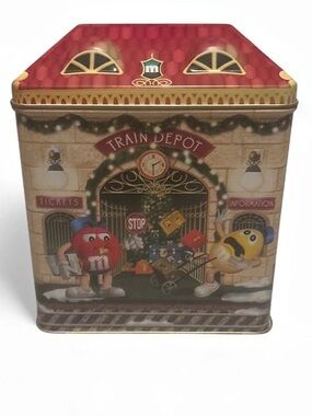 M&M's Christmas Village Series Train Depot Tin Canister Decor